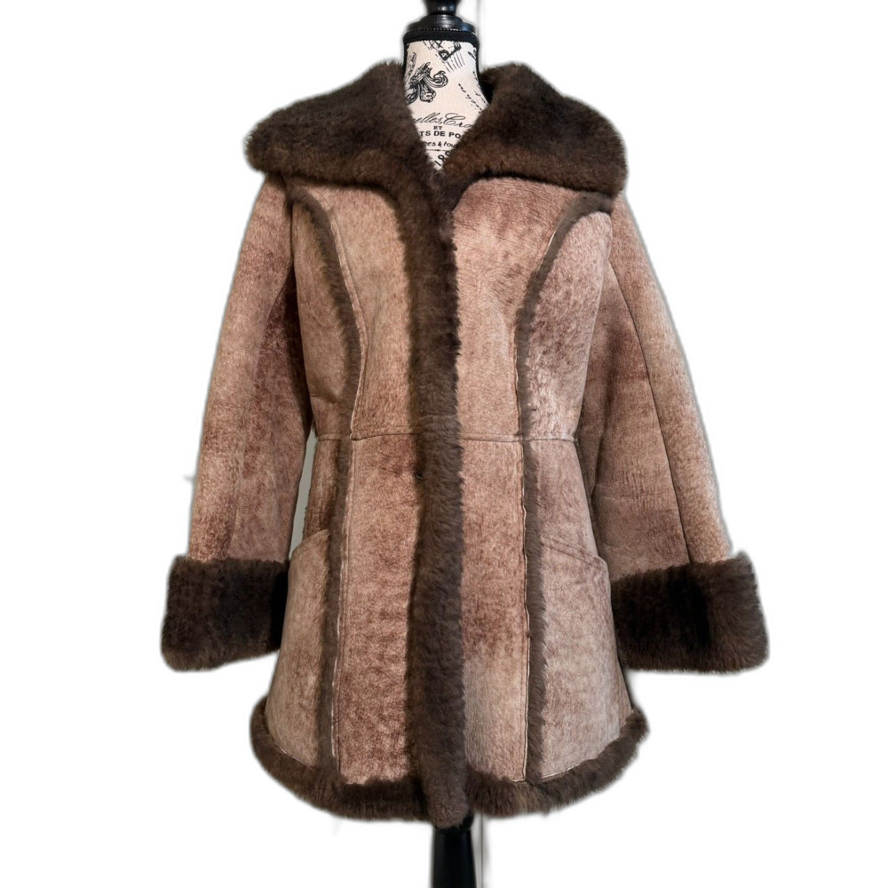 VTG Ardney Suede Lamb Shearling 100% Virgin Wool Women Peacoat A Line Med Flare